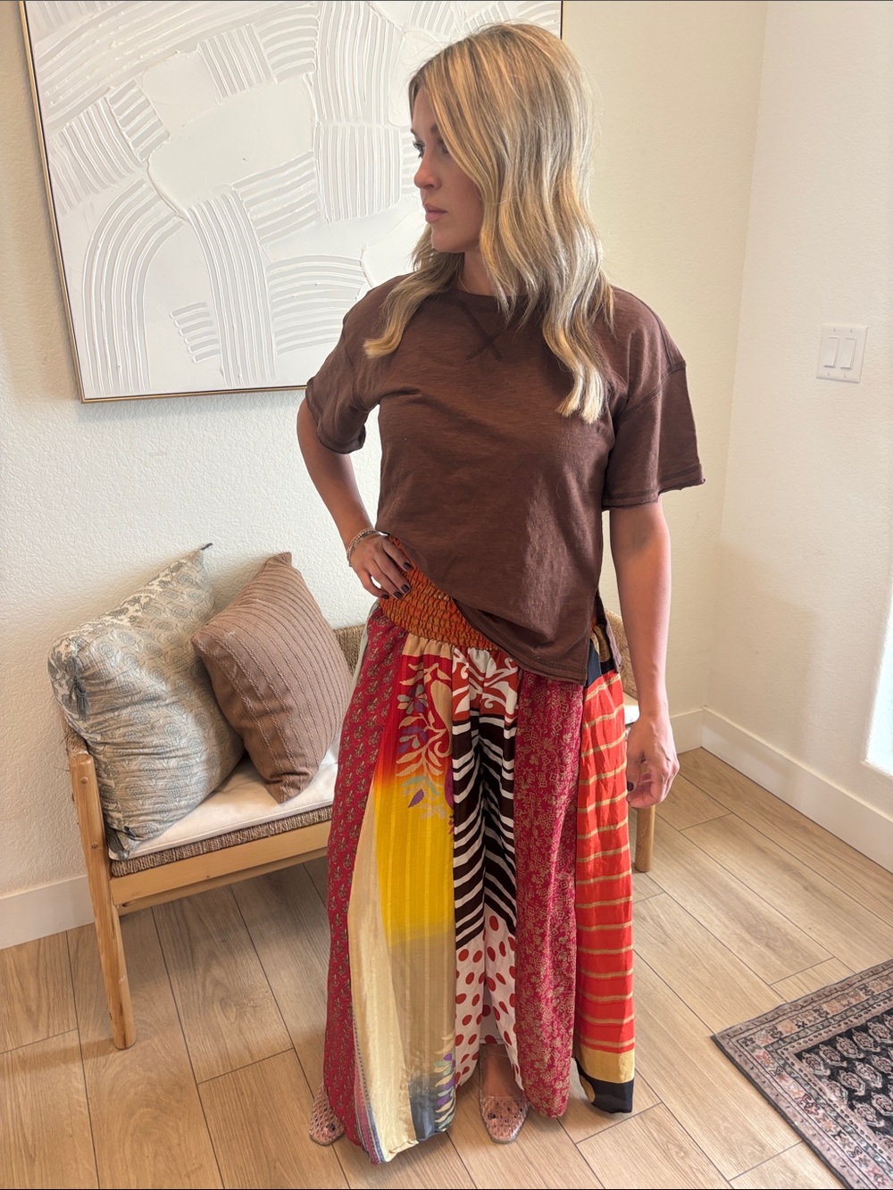 Bohemian Multicolor Panel Maxi Palazzo Pants paired with Zenana Top